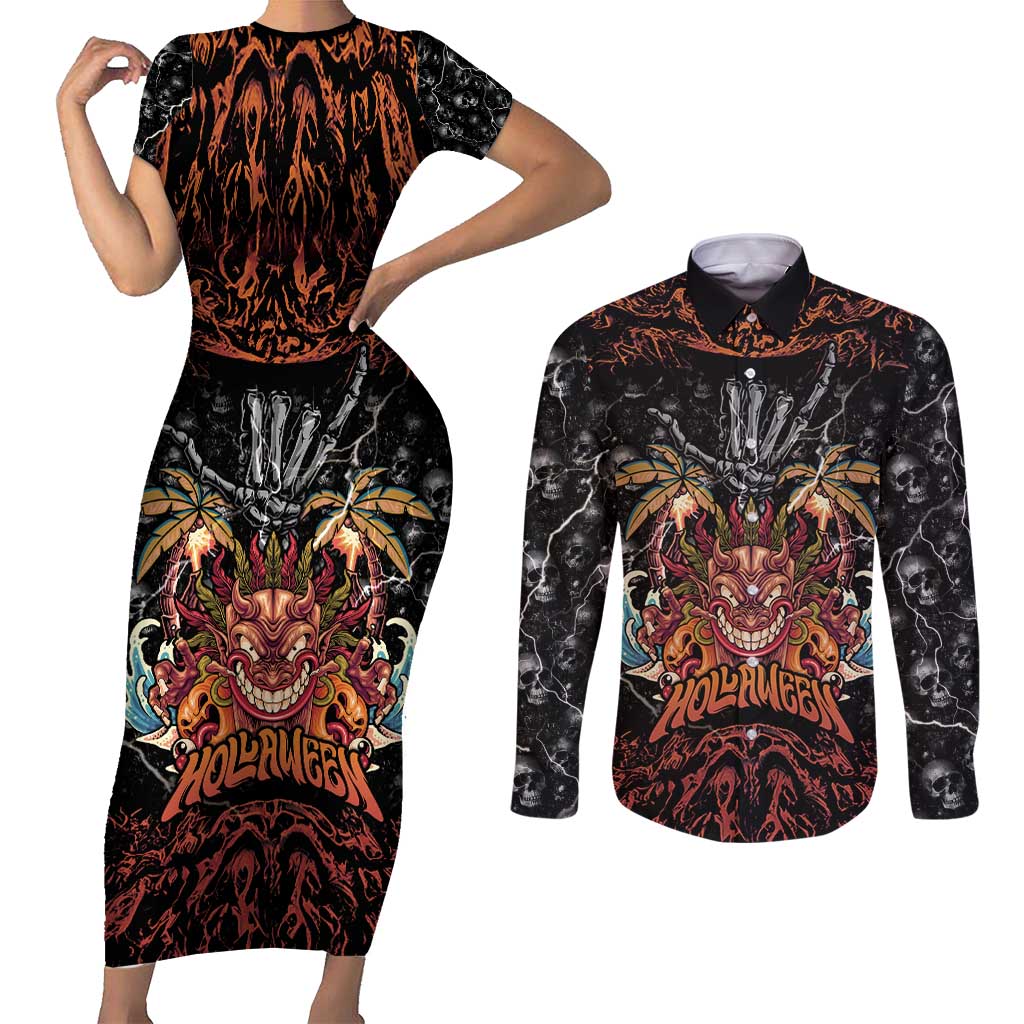 Aloha Halloween Couples Matching Short Sleeve Bodycon Dress and Long Sleeve Button Shirt Horror Tiki Heavy Metal Style - Polynesian Pride