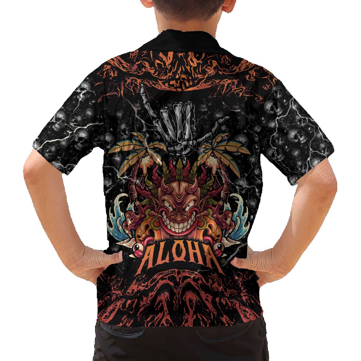 Aloha Halloween Family Matching Off The Shoulder Long Sleeve Dress and Hawaiian Shirt Horror Tiki Heavy Metal Style LT05 - Polynesian Pride