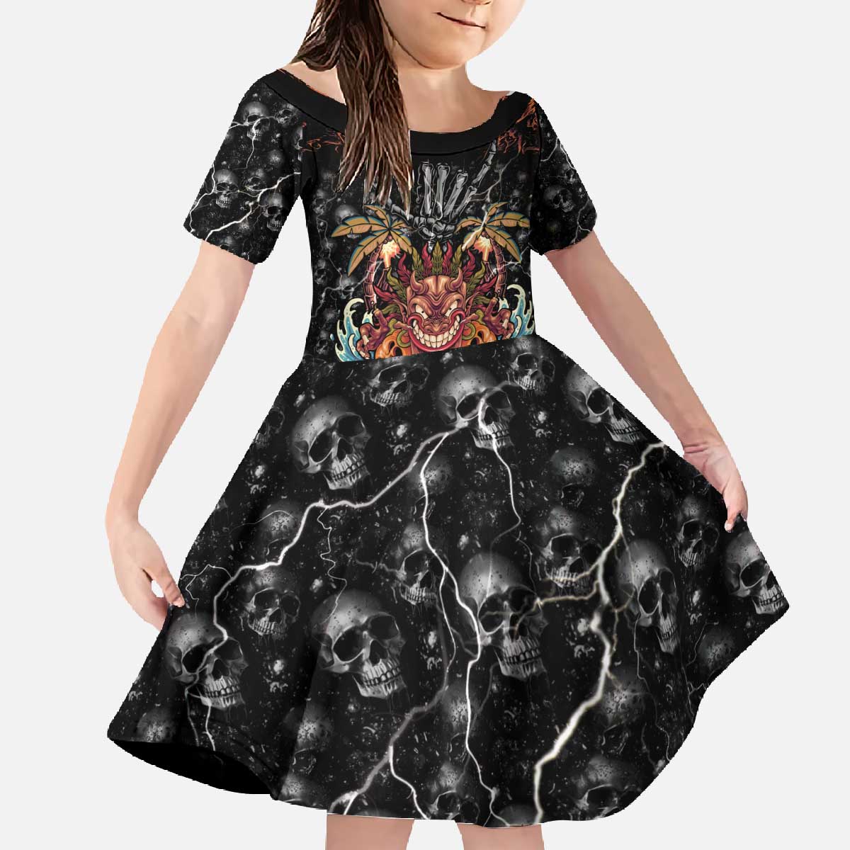Aloha Halloween Family Matching Off The Shoulder Long Sleeve Dress and Hawaiian Shirt Horror Tiki Heavy Metal Style LT05 Daughter's Dress Black - Polynesian Pride