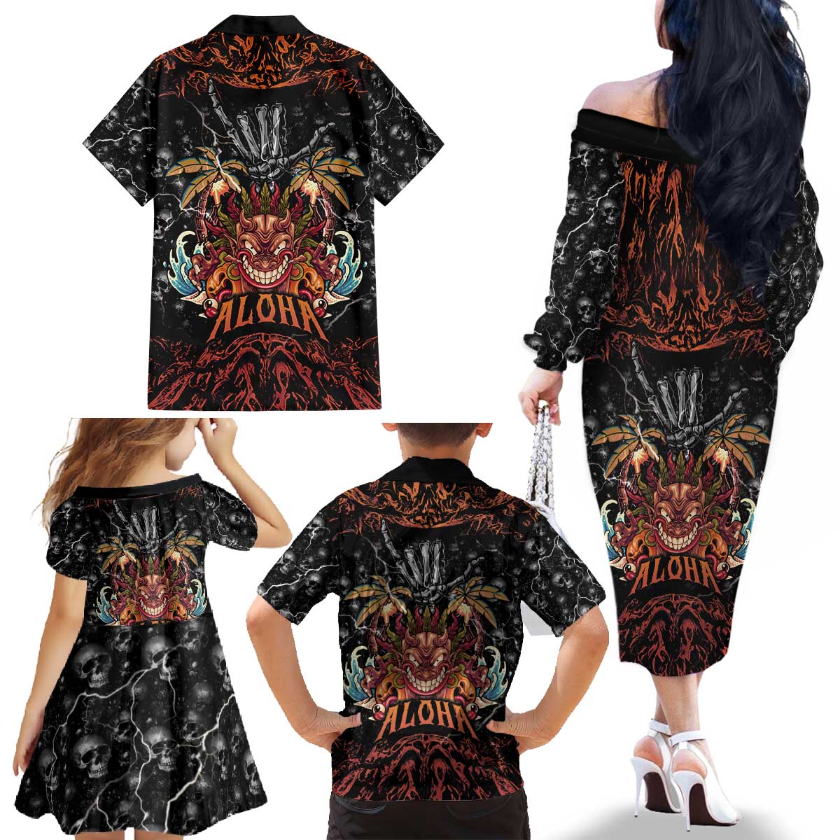 Aloha Halloween Family Matching Off The Shoulder Long Sleeve Dress and Hawaiian Shirt Horror Tiki Heavy Metal Style LT05 - Polynesian Pride