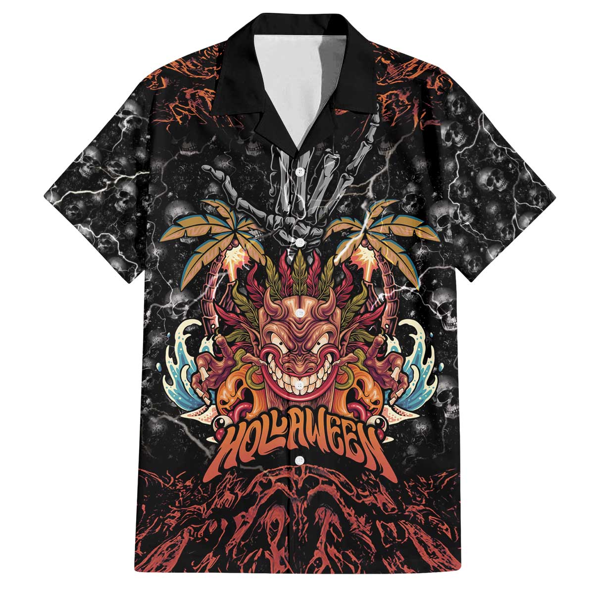 Aloha Halloween Family Matching Off The Shoulder Long Sleeve Dress and Hawaiian Shirt Horror Tiki Heavy Metal Style LT05 Dad's Shirt - Short Sleeve Black - Polynesian Pride