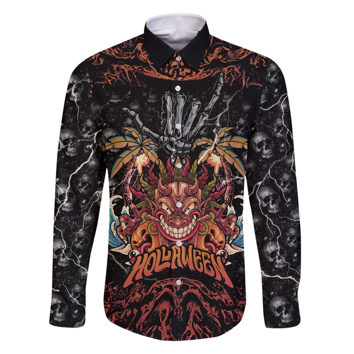 Aloha Halloween Family Matching Off The Shoulder Long Sleeve Dress and Hawaiian Shirt Horror Tiki Heavy Metal Style LT05 Dad's Shirt - Long Sleeve Black - Polynesian Pride