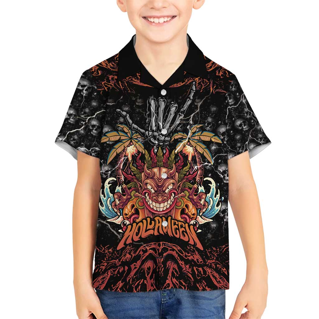 Aloha Halloween Family Matching Off Shoulder Short Dress and Hawaiian Shirt Horror Tiki Heavy Metal Style - Polynesian Pride