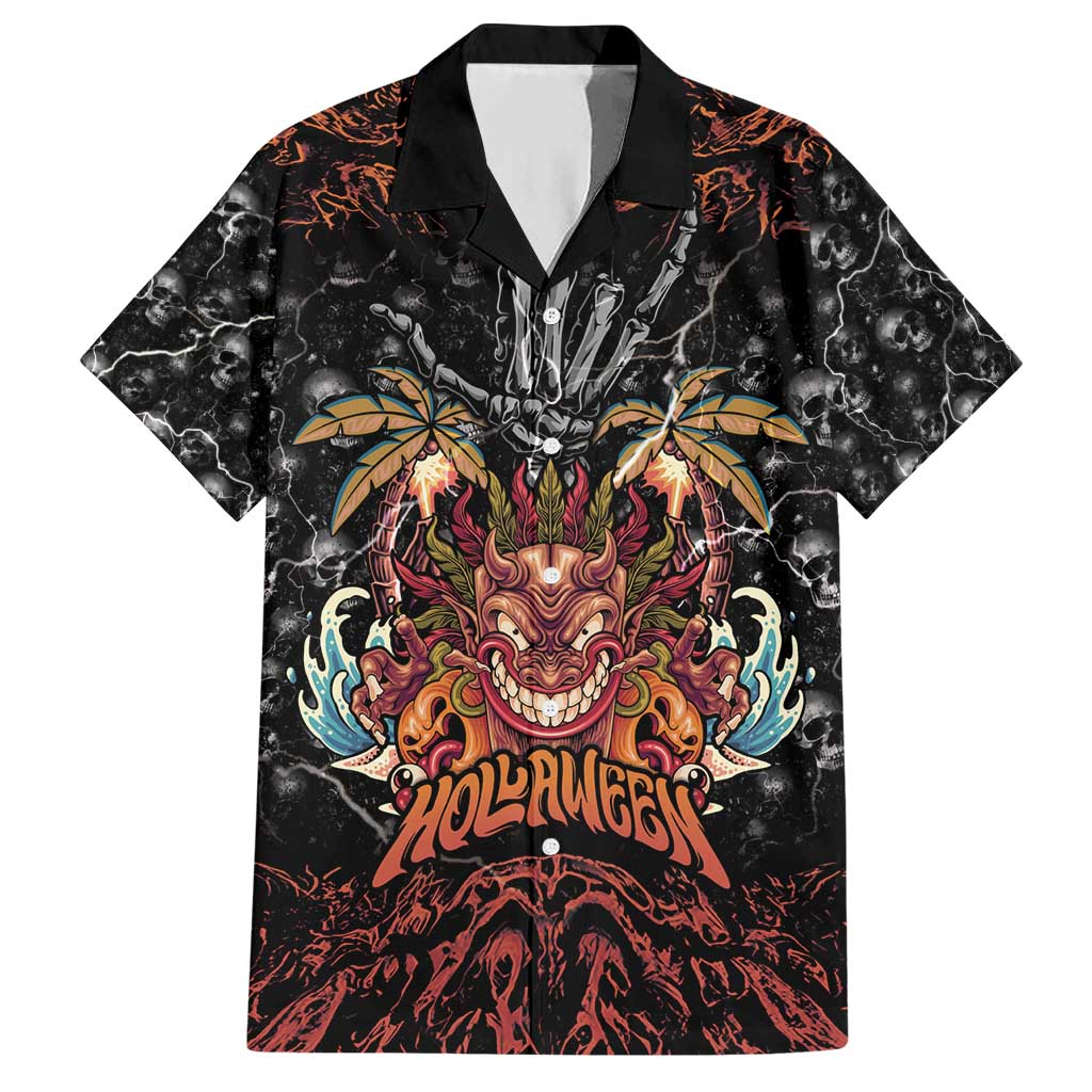 Aloha Halloween Family Matching Short Sleeve Bodycon Dress and Hawaiian Shirt Horror Tiki Heavy Metal Style LT05 Dad's Shirt - Short Sleeve Black - Polynesian Pride