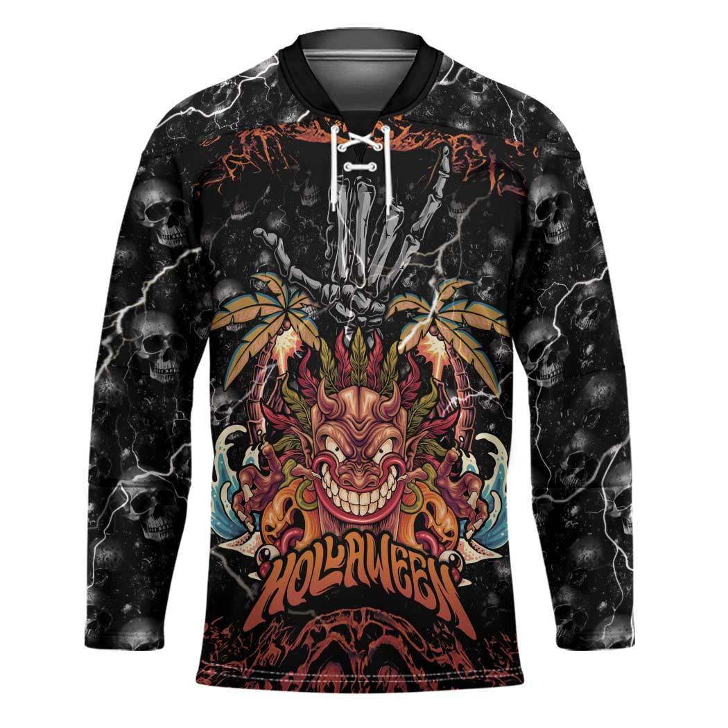 Aloha Halloween Hockey Jersey Horror Tiki Heavy Metal Style - Polynesian Pride