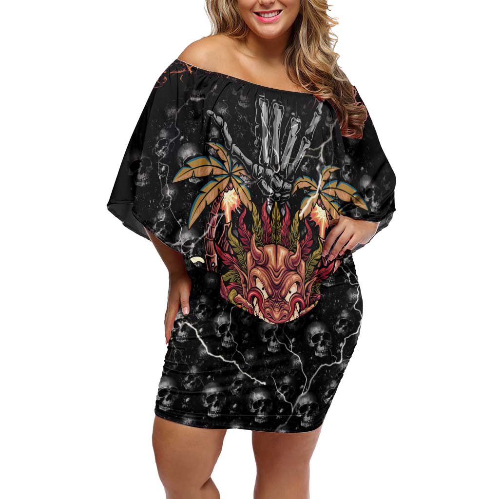Aloha Halloween Off Shoulder Short Dress Horror Tiki Heavy Metal Style - Polynesian Pride