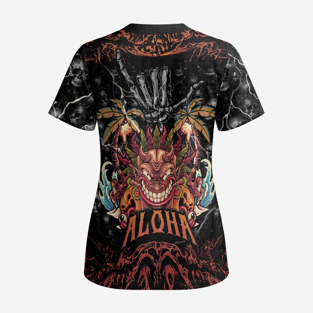 Aloha Halloween Scrub Top Horror Tiki Heavy Metal Style - Polynesian Pride