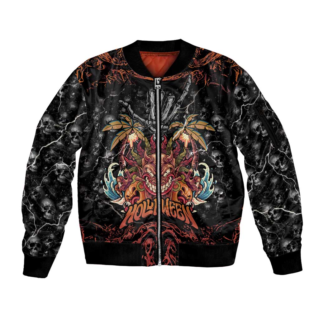 Aloha Halloween Sleeve Zip Bomber Jacket Horror Tiki Heavy Metal Style LT05 Unisex Black - Polynesian Pride