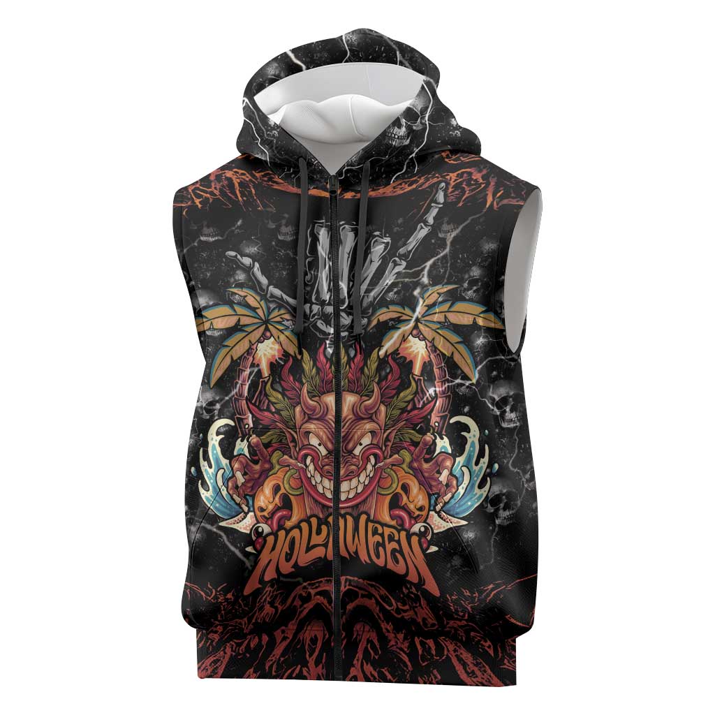Aloha Halloween Sleeveless Zip Hoodie Horror Tiki Heavy Metal Style LT05 Black - Polynesian Pride