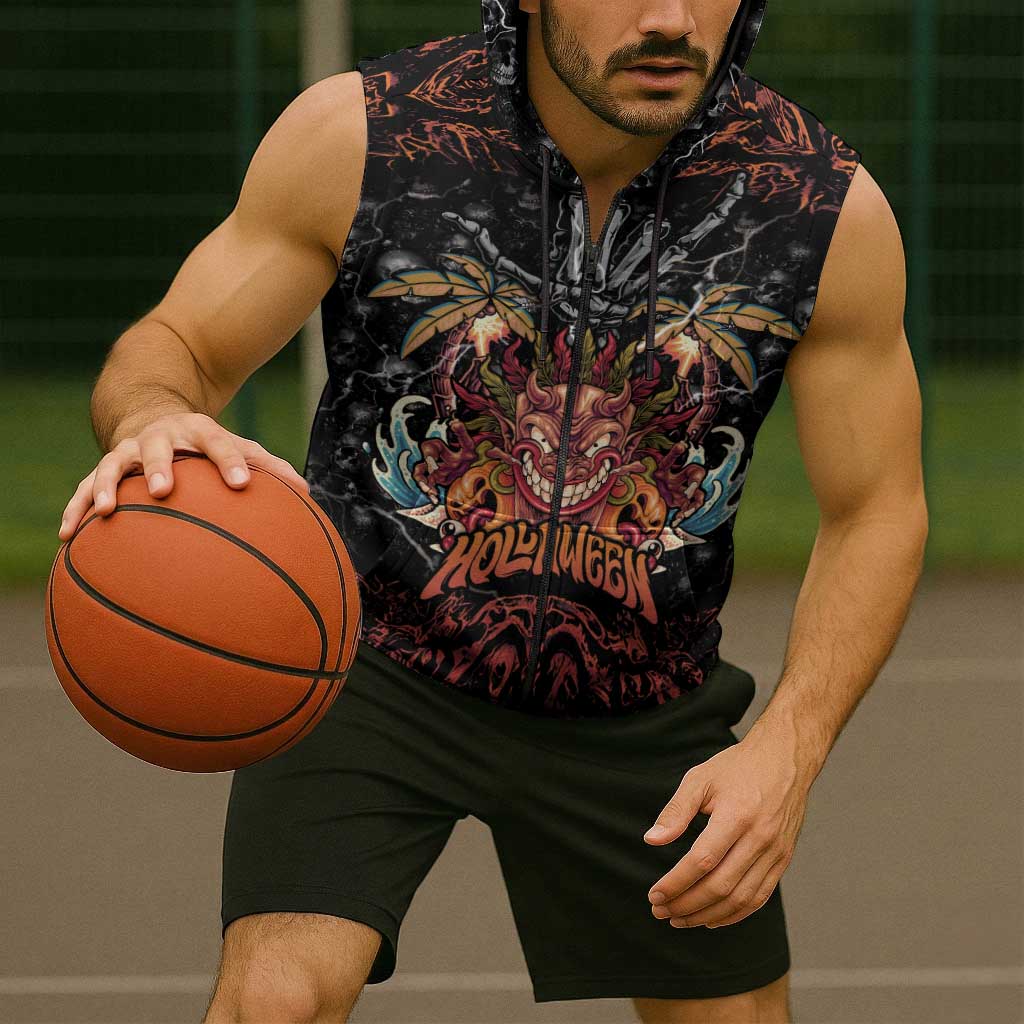 Aloha Halloween Sleeveless Zip Hoodie Horror Tiki Heavy Metal Style LT05 - Polynesian Pride