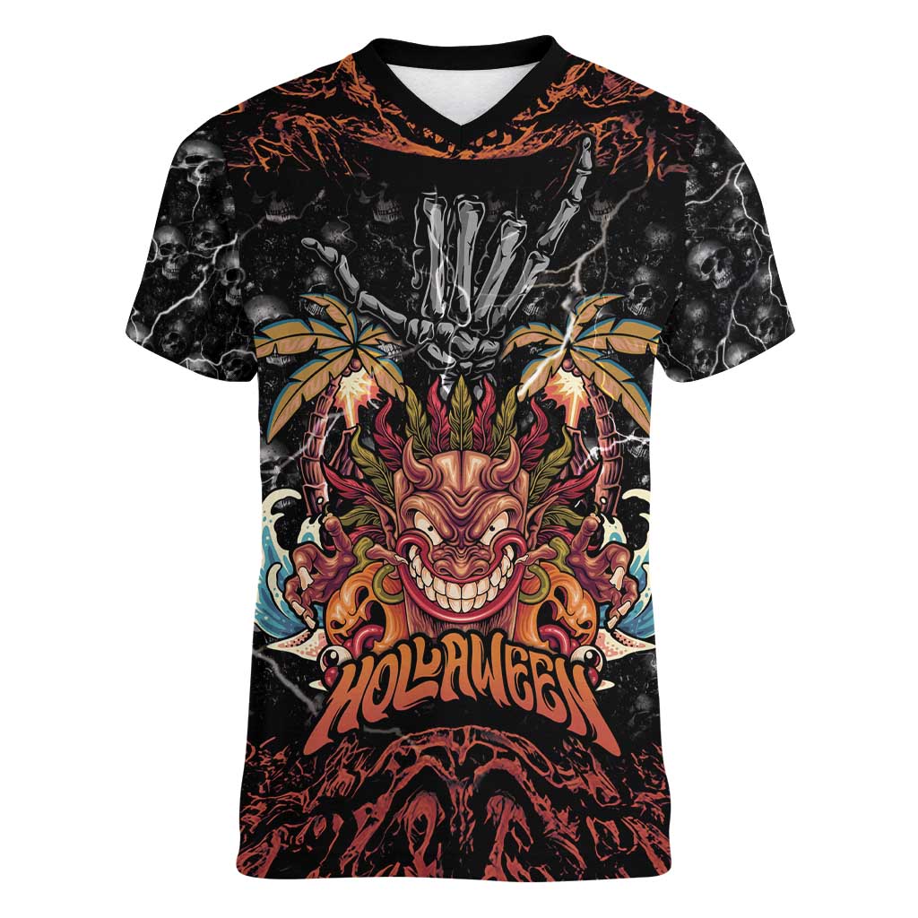 Aloha Halloween Women V-Neck T-Shirt Horror Tiki Heavy Metal Style - Polynesian Pride