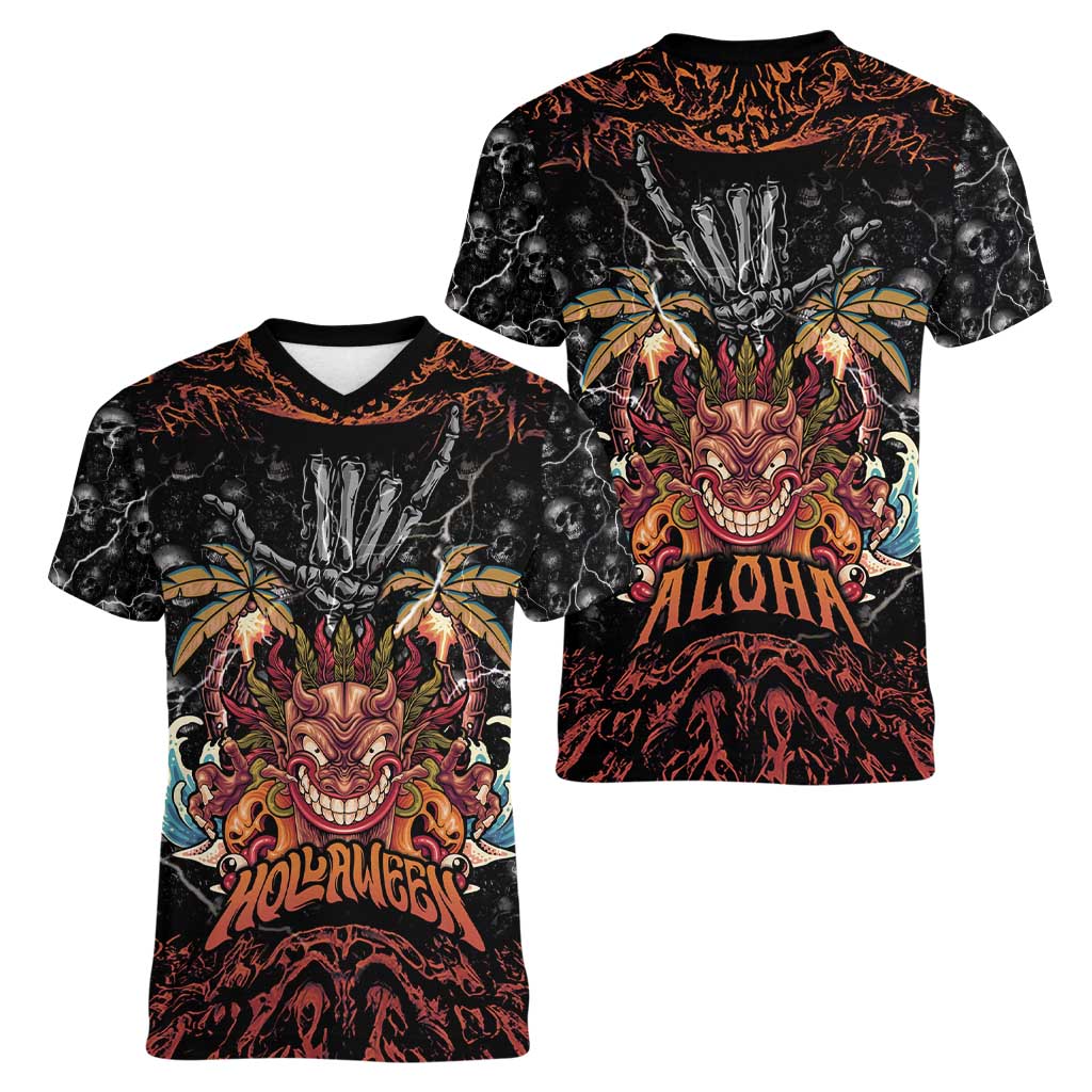 Aloha Halloween Women V-Neck T-Shirt Horror Tiki Heavy Metal Style - Polynesian Pride