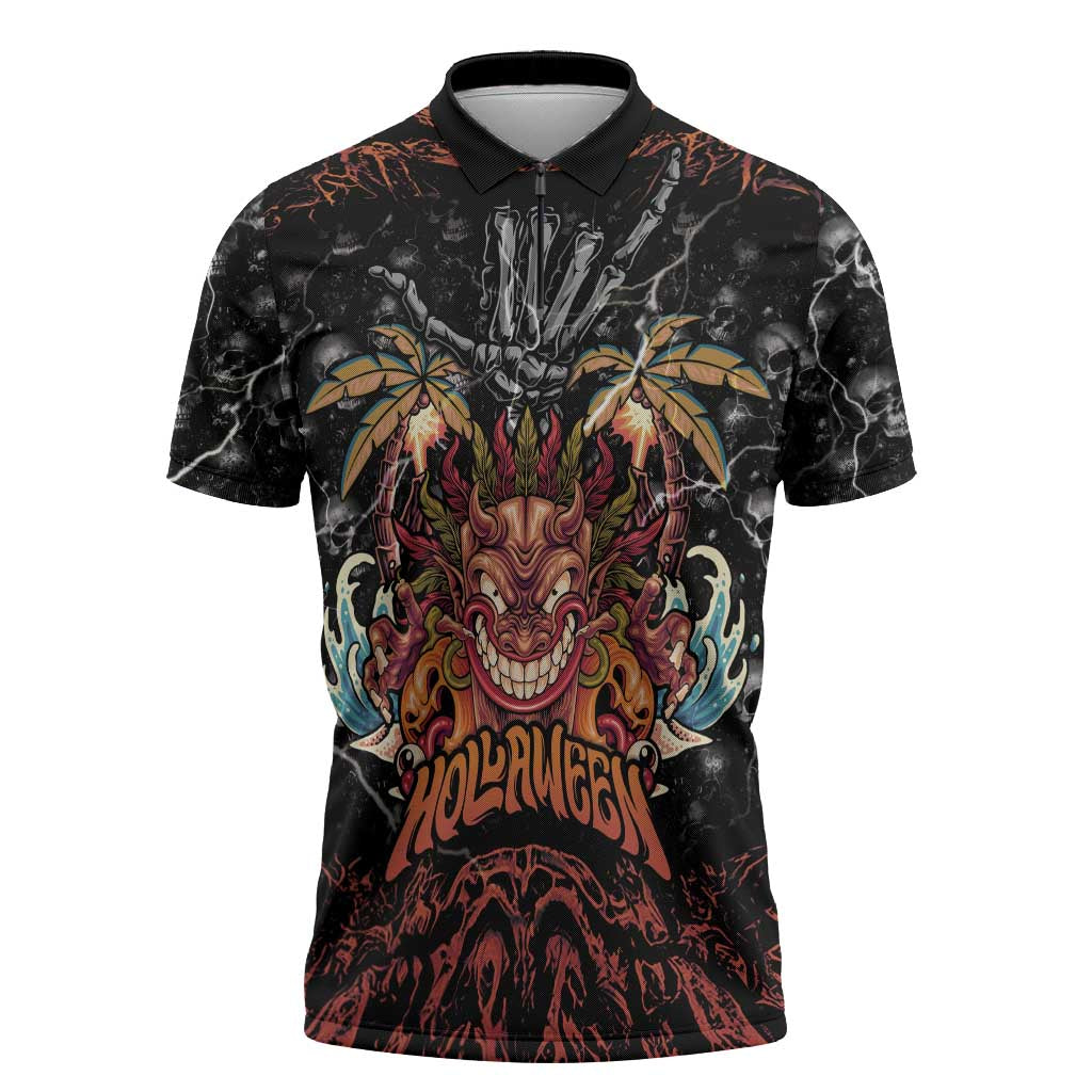 Aloha Halloween Zipper Polo Shirt Horror Tiki Heavy Metal Style - Polynesian Pride