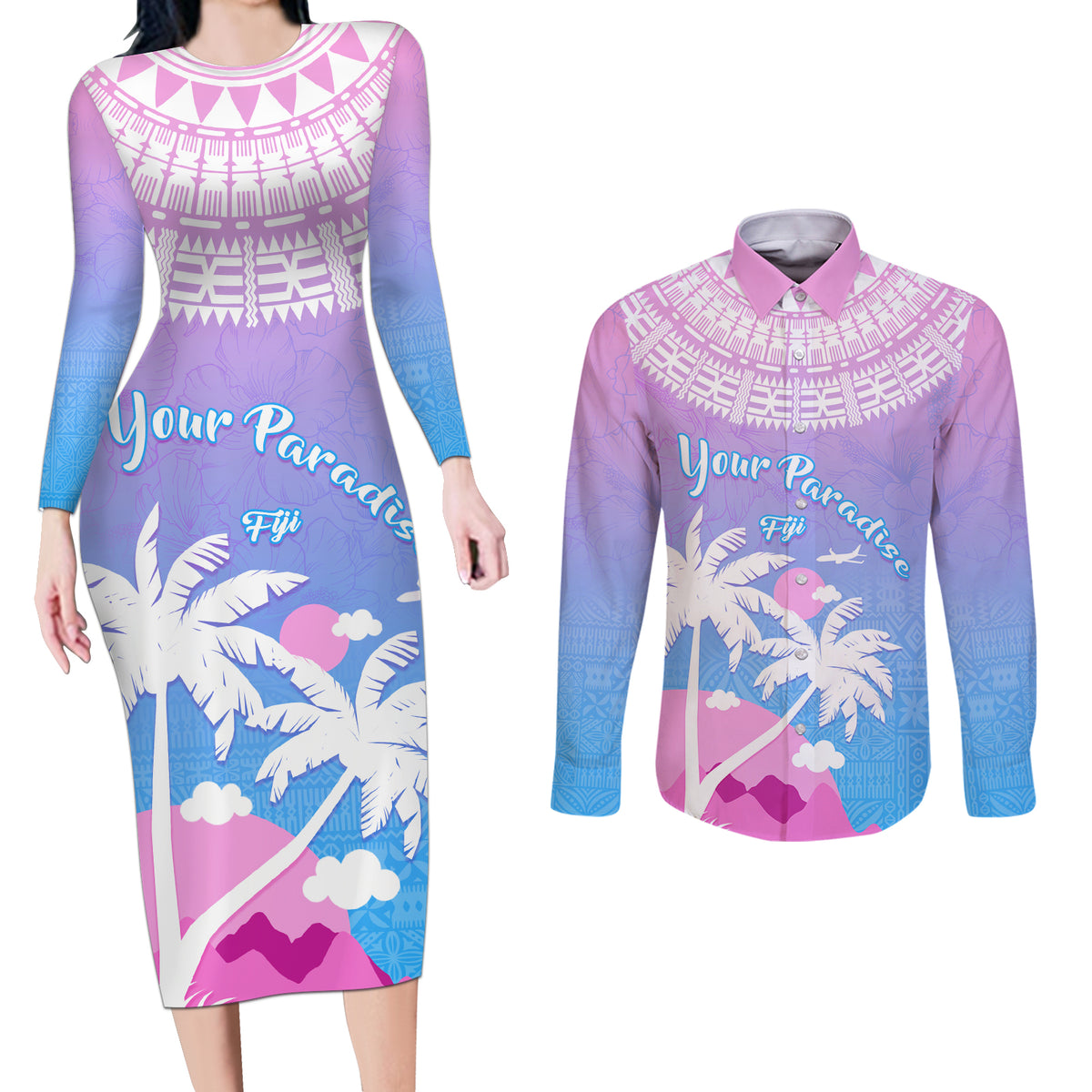 Personalised Fiji Your Paradise Festival Couples Matching Long Sleeve Bodycon Dress and Long Sleeve Button Shirt With Fijian Masi Tapa Pattern LT05 Blue - Polynesian Pride
