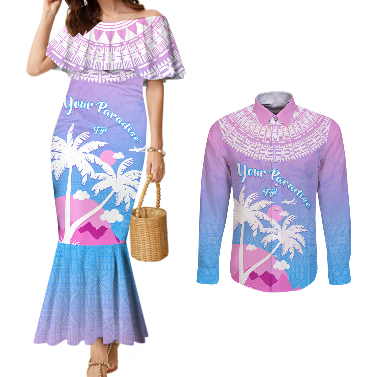 Personalised Fiji Your Paradise Festival Couples Matching Mermaid Dress and Long Sleeve Button Shirt With Fijian Masi Tapa Pattern LT05 Blue - Polynesian Pride