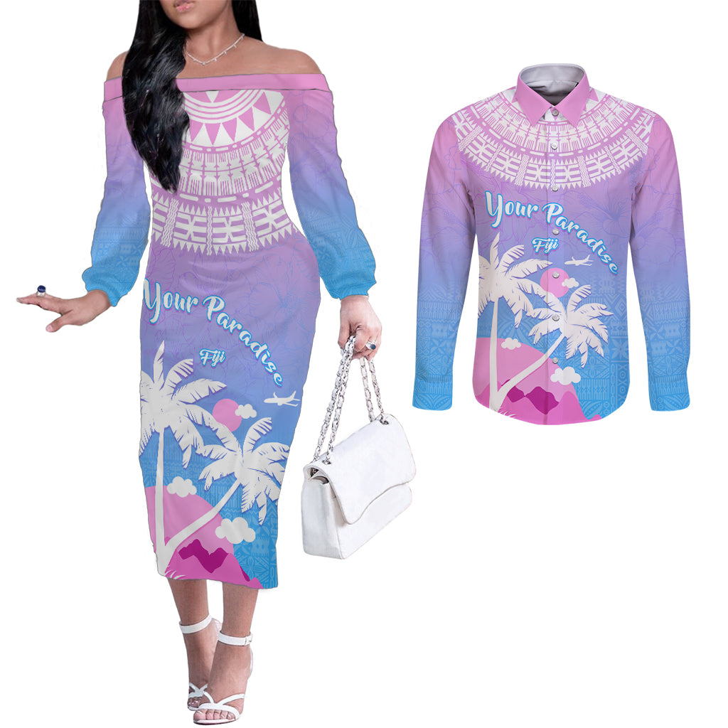 Personalised Fiji Your Paradise Festival Couples Matching Off The Shoulder Long Sleeve Dress and Long Sleeve Button Shirt With Fijian Masi Tapa Pattern LT05 Blue - Polynesian Pride