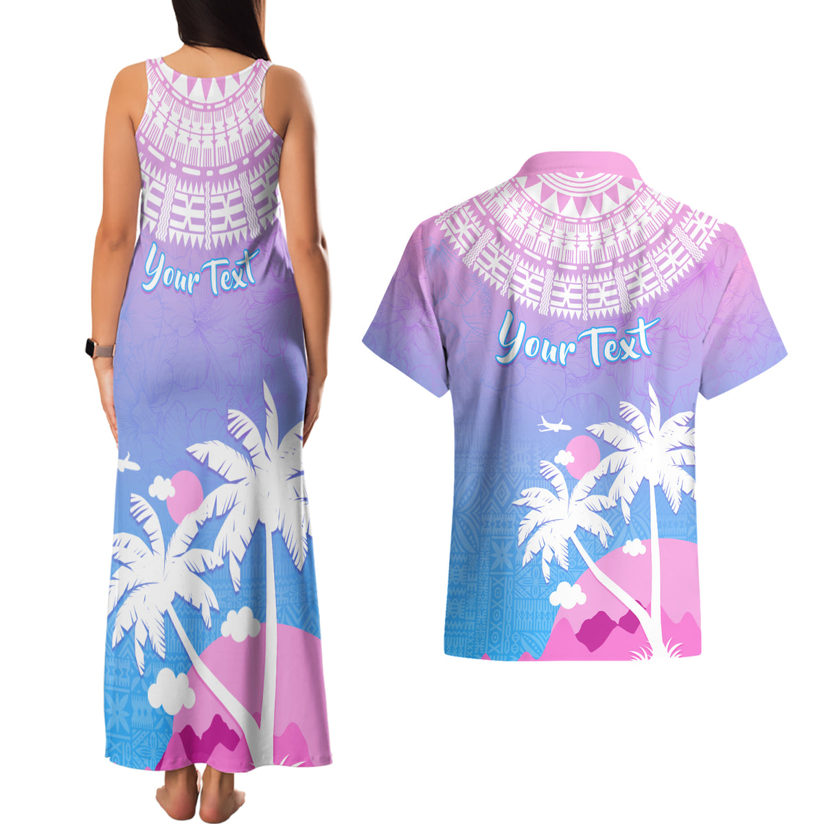 Personalised Fiji Your Paradise Festival Couples Matching Tank Maxi Dress and Hawaiian Shirt With Fijian Masi Tapa Pattern LT05 - Polynesian Pride