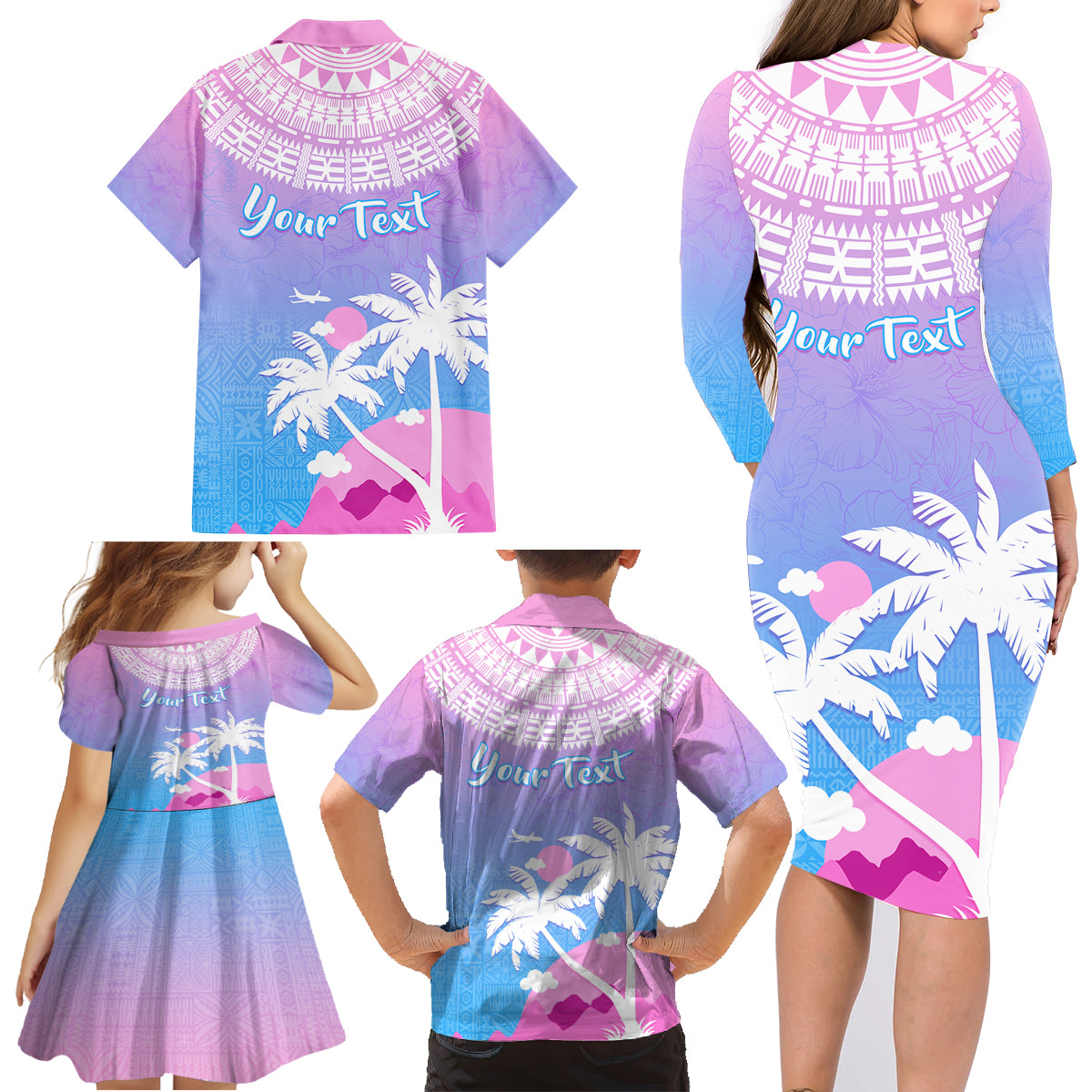 Personalised Fiji Your Paradise Festival Family Matching Long Sleeve Bodycon Dress and Hawaiian Shirt With Fijian Masi Tapa Pattern LT05 - Polynesian Pride