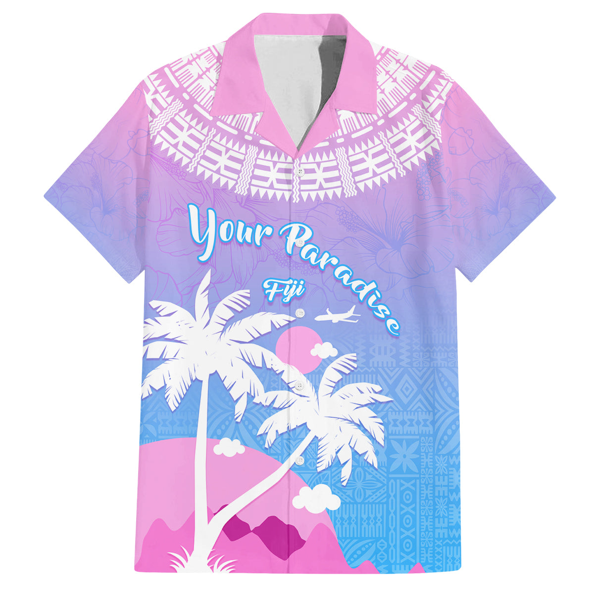 Personalised Fiji Your Paradise Festival Family Matching Tank Maxi Dress and Hawaiian Shirt With Fijian Masi Tapa Pattern LT05 Dad's Shirt - Short Sleeve Blue - Polynesian Pride