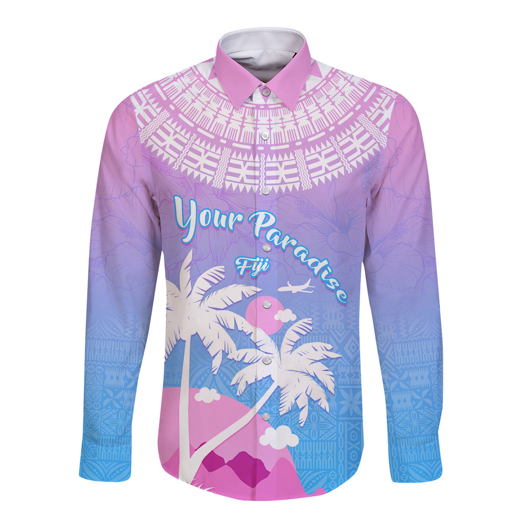 Personalised Fiji Your Paradise Festival Long Sleeve Button Shirt With Fijian Masi Tapa Pattern LT05 Unisex Blue - Polynesian Pride