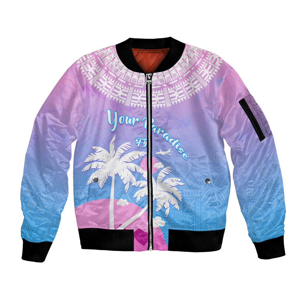 Personalised Fiji Your Paradise Festival Sleeve Zip Bomber Jacket With Fijian Masi Tapa Pattern LT05 Unisex Blue - Polynesian Pride