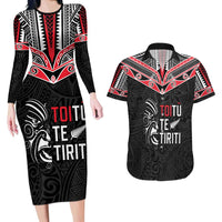 Aotearoa Toitu Te Tiriti Couples Matching Long Sleeve Bodycon Dress and Hawaiian Shirt New Zealand Honour The Treaty LT05 Black - Polynesian Pride