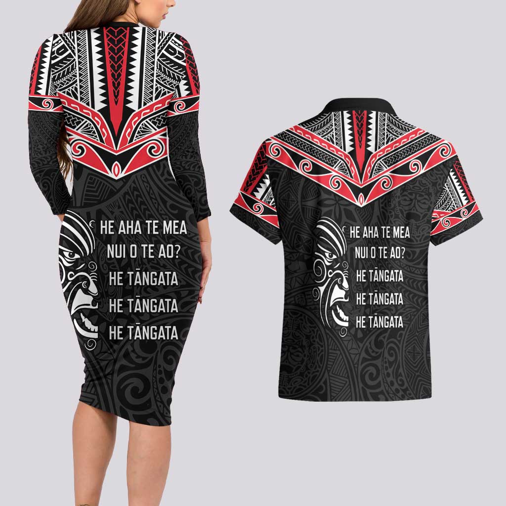 Aotearoa Toitu Te Tiriti Couples Matching Long Sleeve Bodycon Dress and Hawaiian Shirt New Zealand Honour The Treaty LT05 - Polynesian Pride