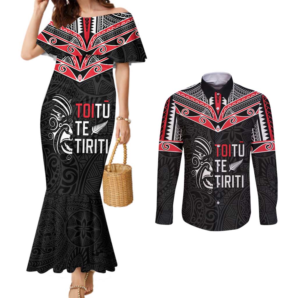 Aotearoa Toitu Te Tiriti Couples Matching Mermaid Dress and Long Sleeve Button Shirt New Zealand Honour The Treaty