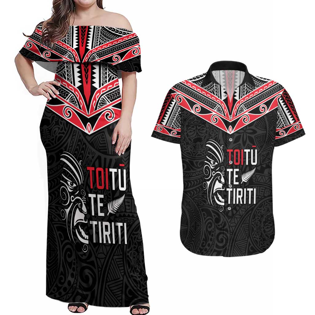 Aotearoa Toitu Te Tiriti Couples Matching Off Shoulder Maxi Dress and Hawaiian Shirt New Zealand Honour The Treaty LT05 Black - Polynesian Pride
