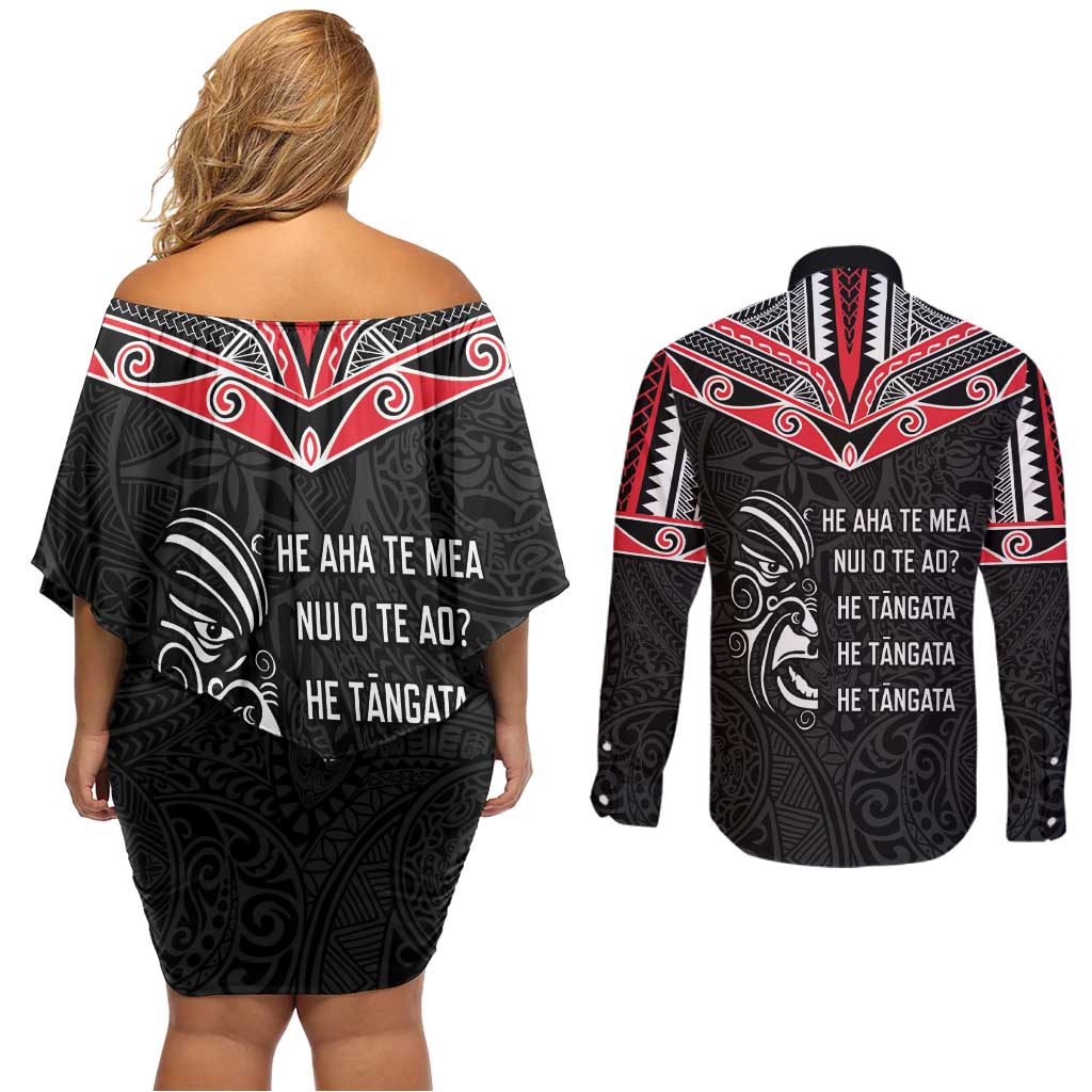 Aotearoa Toitu Te Tiriti Couples Matching Off Shoulder Short Dress and Long Sleeve Button Shirt New Zealand Honour The Treaty
