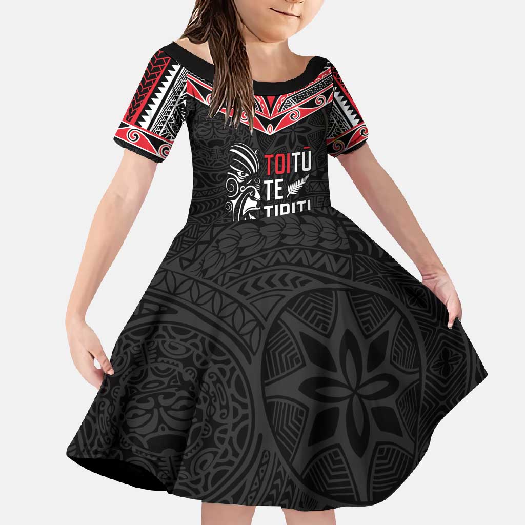 Aotearoa Toitu Te Tiriti Family Matching Mermaid Dress and Hawaiian Shirt New Zealand Honour The Treaty LT05 Daughter's Dress Black - Polynesian Pride