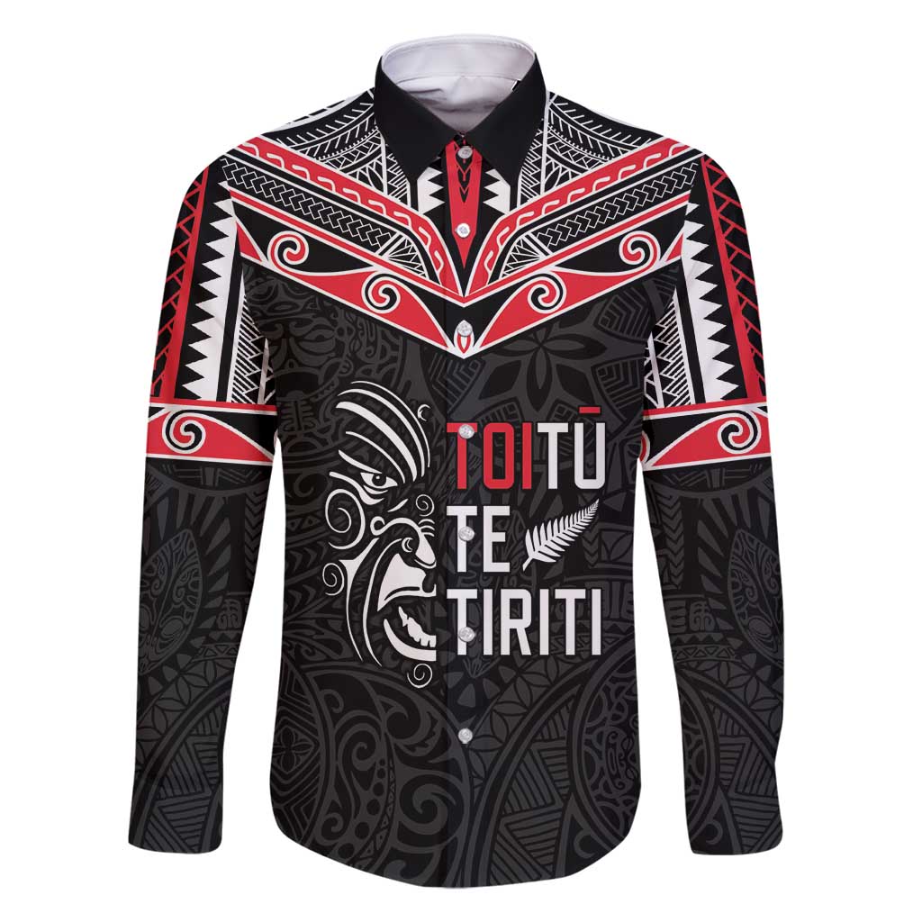 Aotearoa Toitu Te Tiriti Family Matching Off Shoulder Maxi Dress and Hawaiian Shirt New Zealand Honour The Treaty LT05 Dad's Shirt - Long Sleeve Black - Polynesian Pride