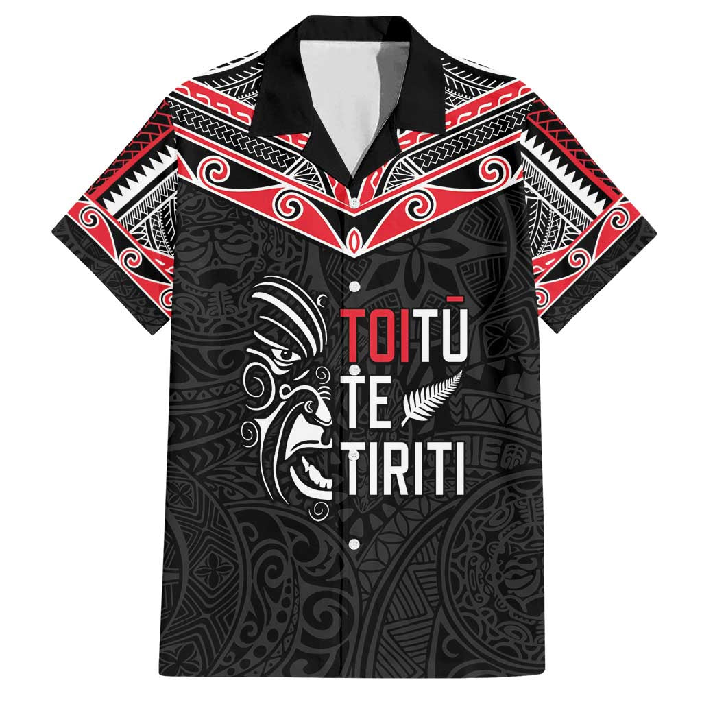 Aotearoa Toitu Te Tiriti Family Matching Off Shoulder Short Dress and Hawaiian Shirt New Zealand Honour The Treaty LT05 Dad's Shirt - Short Sleeve Black - Polynesian Pride