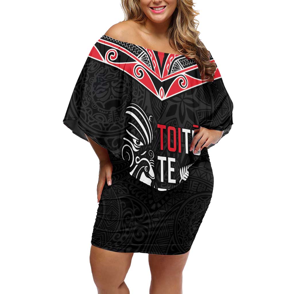 Aotearoa Toitu Te Tiriti Family Matching Off Shoulder Short Dress and Hawaiian Shirt New Zealand Honour The Treaty LT05 Mom's Dress Black - Polynesian Pride