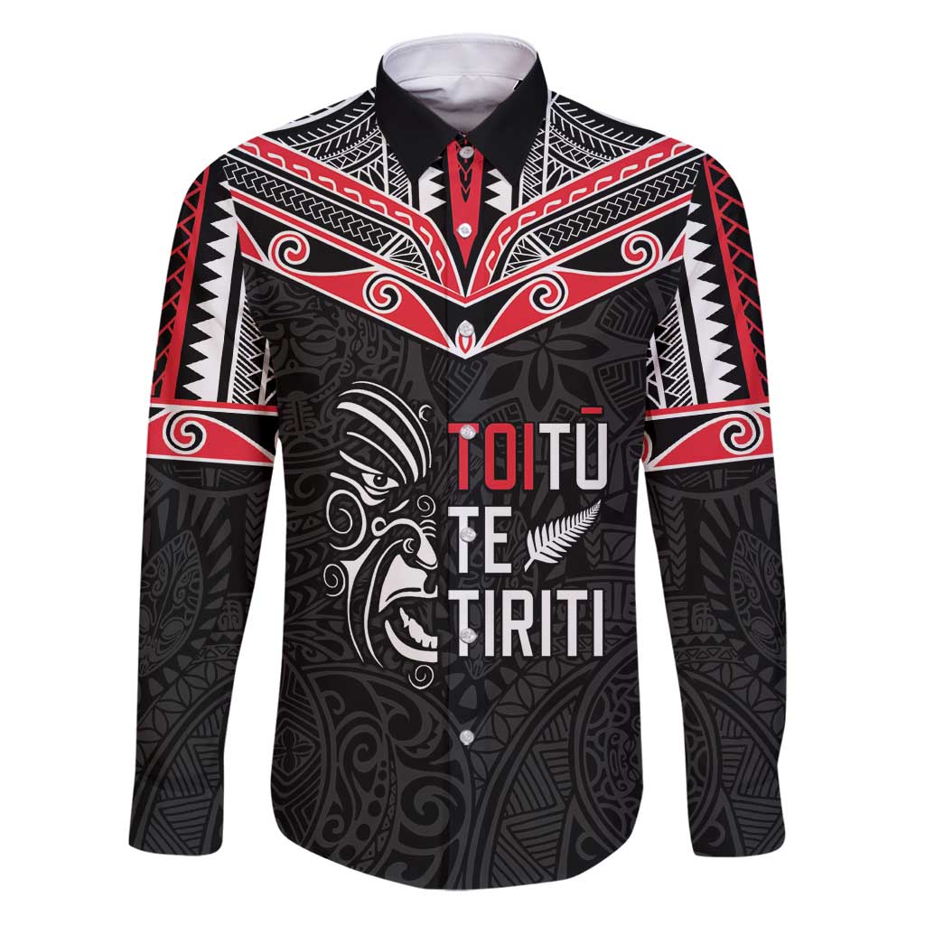 Aotearoa Toitu Te Tiriti Family Matching Puletasi and Hawaiian Shirt New Zealand Honour The Treaty LT05 Dad's Shirt - Long Sleeve Black - Polynesian Pride