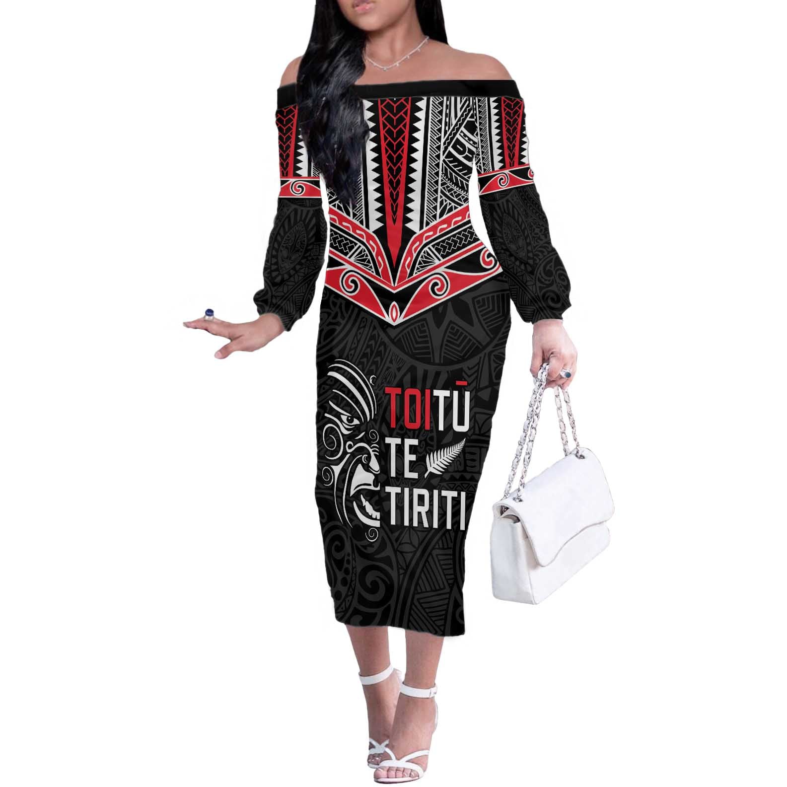 Aotearoa Toitu Te Tiriti Off The Shoulder Long Sleeve Dress New Zealand Honour The Treaty