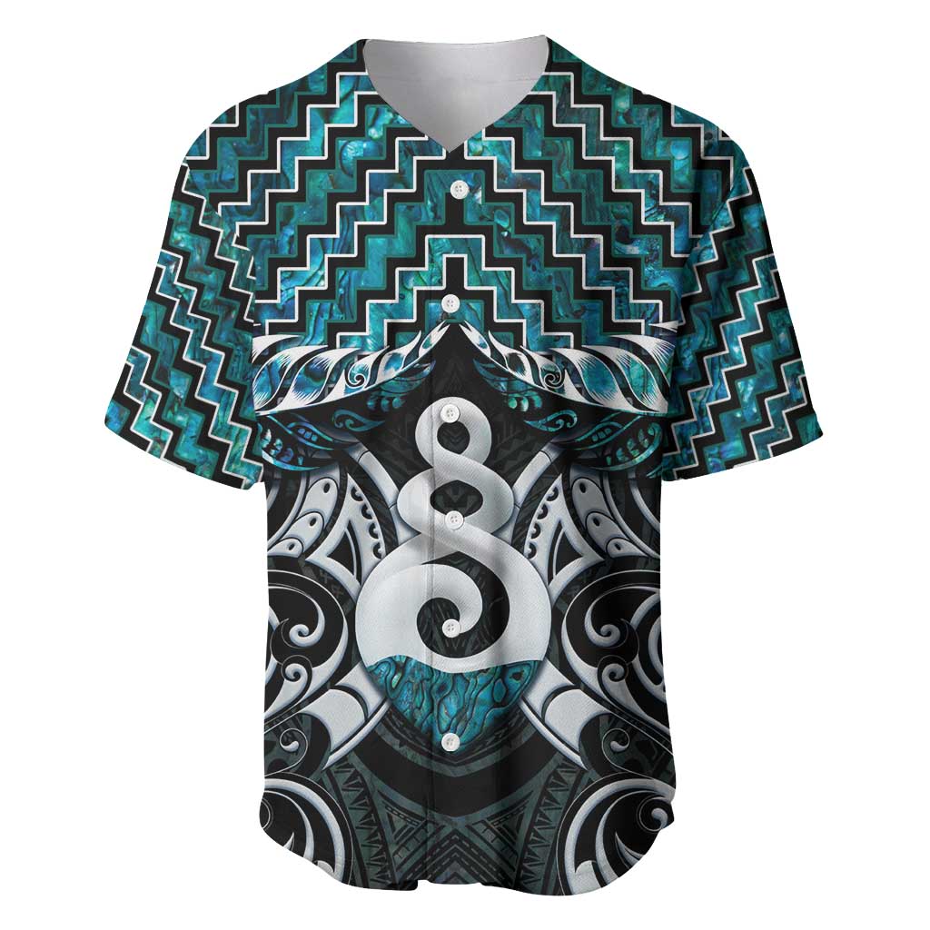 New Zealand Maori Baseball Jersey Poutama Pikorua Turquoise Paua Shell