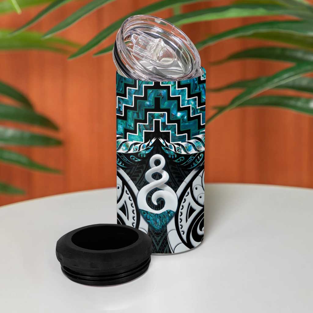 New Zealand Maori 4 in 1 Can Cooler Tumbler Poutama Pikorua Turquoise Paua Shell LT05 - Polynesian Pride