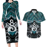 New Zealand Maori Couples Matching Long Sleeve Bodycon Dress and Hawaiian Shirt Poutama Pikorua Turquoise Paua Shell LT05 Turquoise - Polynesian Pride