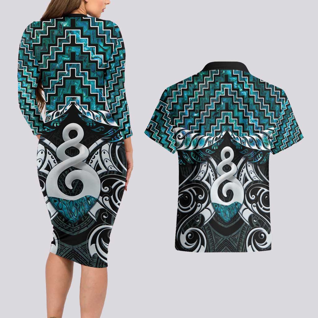 New Zealand Maori Couples Matching Long Sleeve Bodycon Dress and Hawaiian Shirt Poutama Pikorua Turquoise Paua Shell LT05 - Polynesian Pride