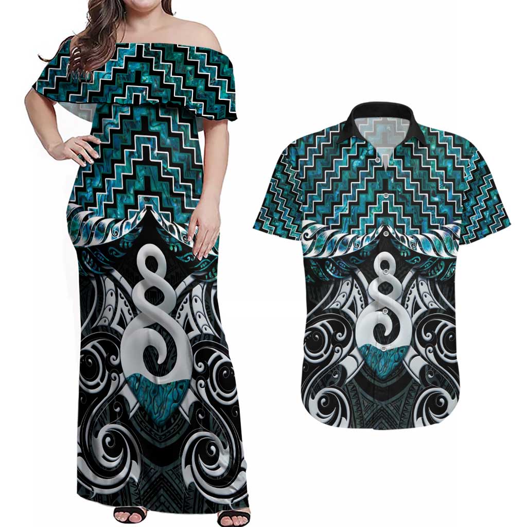 New Zealand Maori Couples Matching Off Shoulder Maxi Dress and Hawaiian Shirt Poutama Pikorua Turquoise Paua Shell LT05 Turquoise - Polynesian Pride
