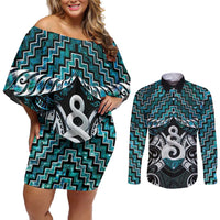 New Zealand Maori Couples Matching Off Shoulder Short Dress and Long Sleeve Button Shirt Poutama Pikorua Turquoise Paua Shell