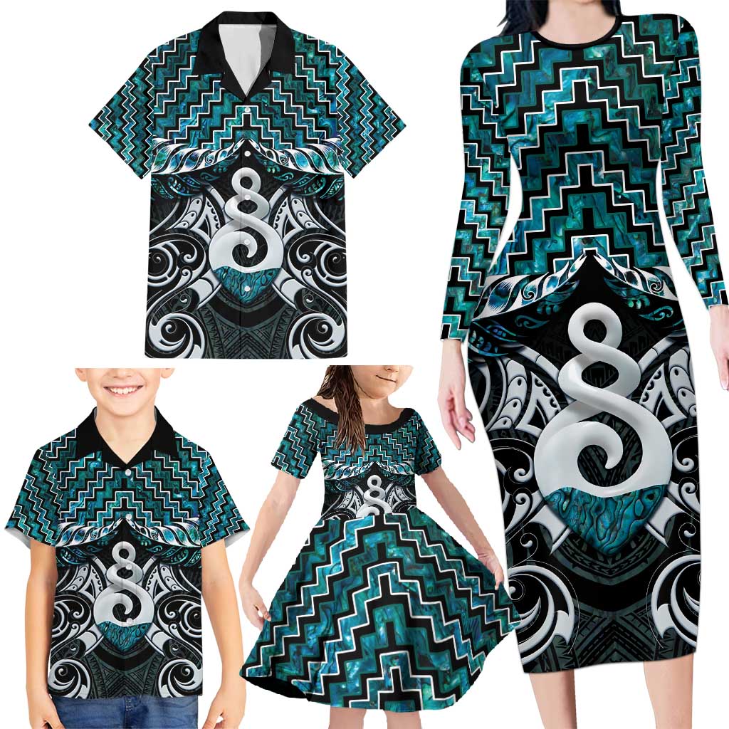 New Zealand Maori Family Matching Long Sleeve Bodycon Dress and Hawaiian Shirt Poutama Pikorua Turquoise Paua Shell LT05 - Polynesian Pride