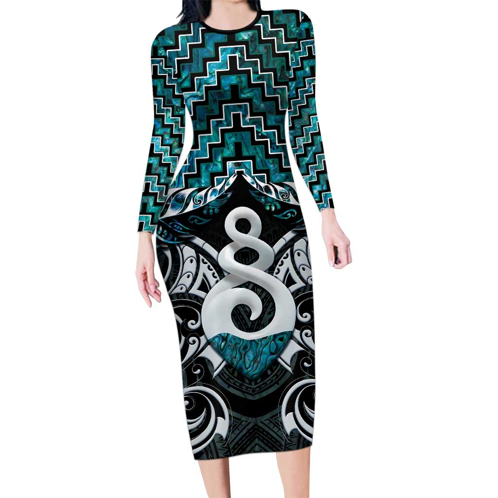 New Zealand Maori Family Matching Long Sleeve Bodycon Dress and Hawaiian Shirt Poutama Pikorua Turquoise Paua Shell LT05 Mom's Dress Turquoise - Polynesian Pride