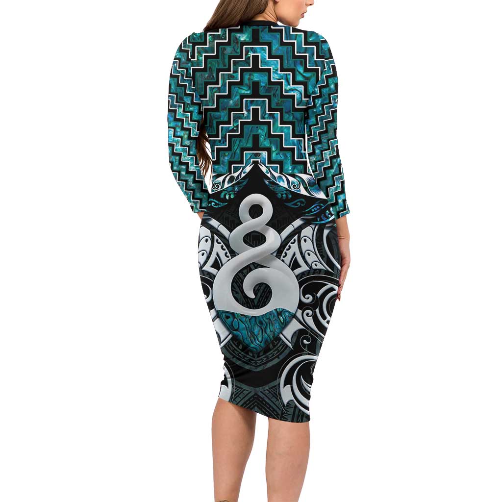 New Zealand Maori Family Matching Long Sleeve Bodycon Dress and Hawaiian Shirt Poutama Pikorua Turquoise Paua Shell LT05 - Polynesian Pride