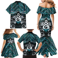 New Zealand Maori Family Matching Mermaid Dress and Hawaiian Shirt Poutama Pikorua Turquoise Paua Shell LT05 - Polynesian Pride