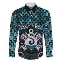 New Zealand Maori Family Matching Mermaid Dress and Hawaiian Shirt Poutama Pikorua Turquoise Paua Shell LT05 Dad's Shirt - Long Sleeve Turquoise - Polynesian Pride