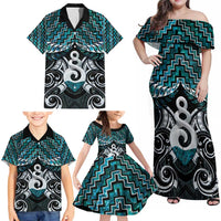 New Zealand Maori Family Matching Off Shoulder Maxi Dress and Hawaiian Shirt Poutama Pikorua Turquoise Paua Shell LT05 - Polynesian Pride