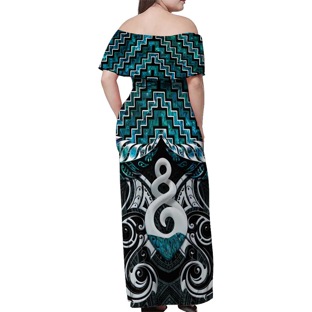 New Zealand Maori Family Matching Off Shoulder Maxi Dress and Hawaiian Shirt Poutama Pikorua Turquoise Paua Shell LT05 - Polynesian Pride