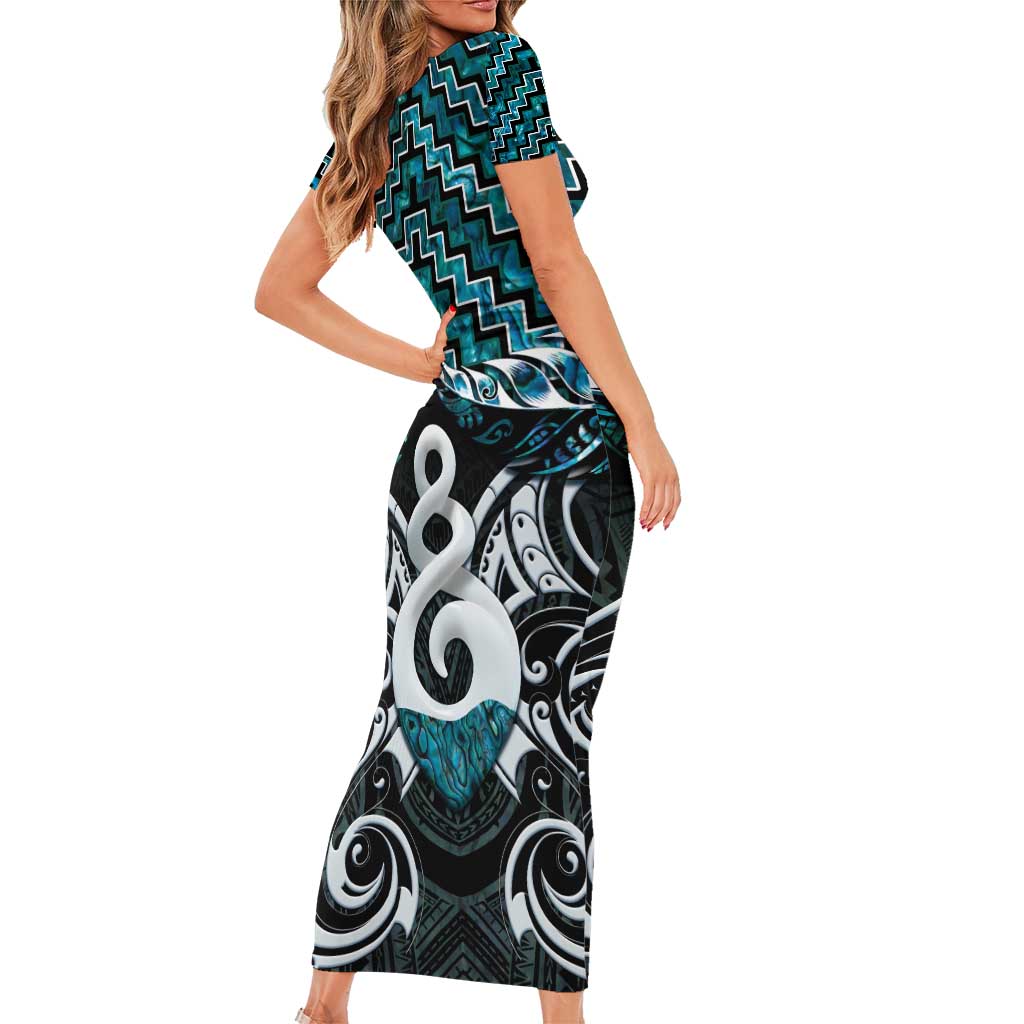 New Zealand Maori Family Matching Short Sleeve Bodycon Dress and Hawaiian Shirt Poutama Pikorua Turquoise Paua Shell LT05 - Polynesian Pride